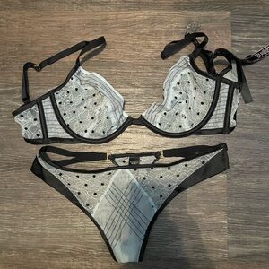 Victoria's Secret Black and Light Blue Lace Bra & Thong Set 32D S